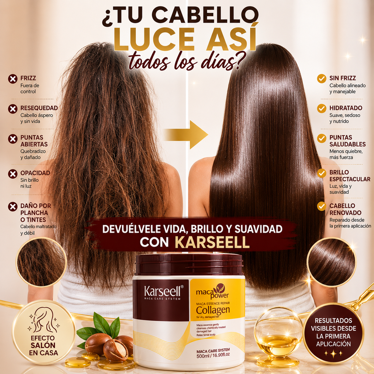 Karsell™ Repara el cabello seco, dañado y teñido desde el primer uso.